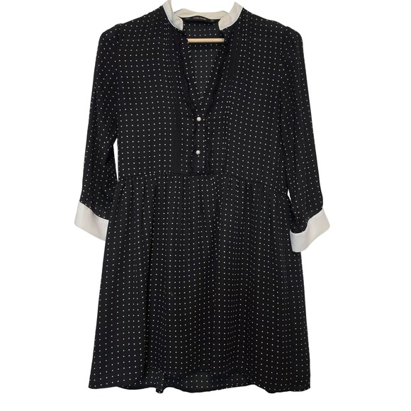 Zara Dresses & Skirts - Zara Polka Dot Mini Dress Black White Pearl Button Long Sleeve Size Small